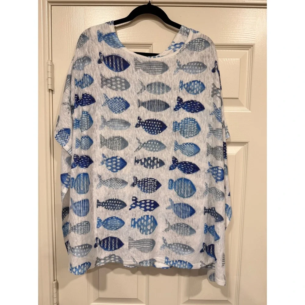 #B13 ET LOIS Tank Top and Kimono shawl Set Medium White Blue Fish Print 2pc